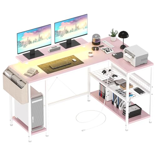 49" L Shaped Desk with Power Outlet & LED Lights, Reversible Corner Computer Desk with Storage Shelves & Monitor Stand, Home Office Desk for Gaming Writing Study (Pink) - DSP Warehouse