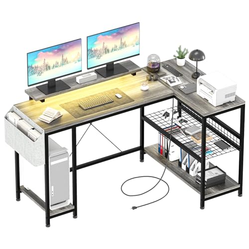 49" L Shaped Desk with Power Outlet & LED Lights, Reversible Corner Computer Desk with Storage Shelves & Monitor Stand, Home Office Desk for Gaming Writing Study (Pink) - DSP Warehouse