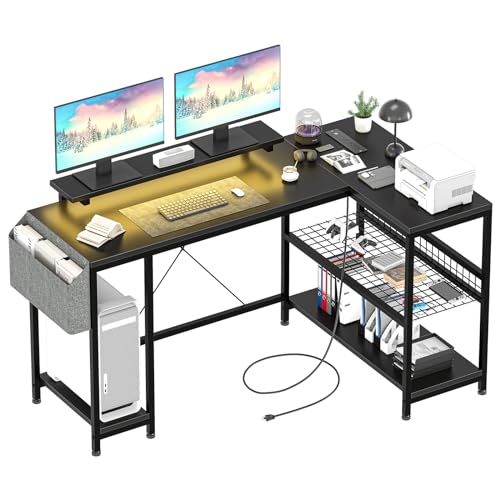 49" L Shaped Desk with Power Outlet & LED Lights, Reversible Corner Computer Desk with Storage Shelves & Monitor Stand, Home Office Desk for Gaming Writing Study (Pink) - DSP Warehouse