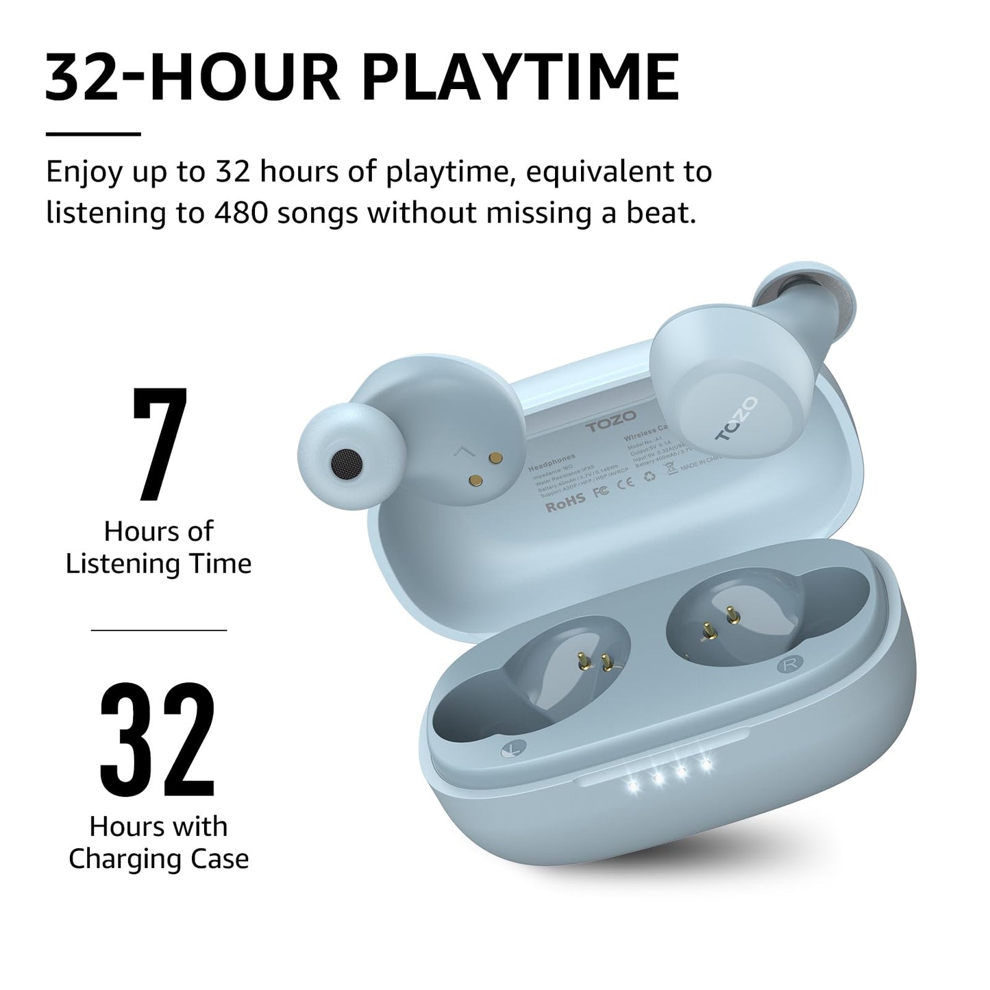 TOZO A1 Mini Wireless Earbuds Bluetooth 5.3 in Ear Light-Weight Headphones Built-in Mic Calls, IPX5 Waterproof, Immersive Premium Sound Connection Headset with Charging Case, 32 Preset EQs via APP