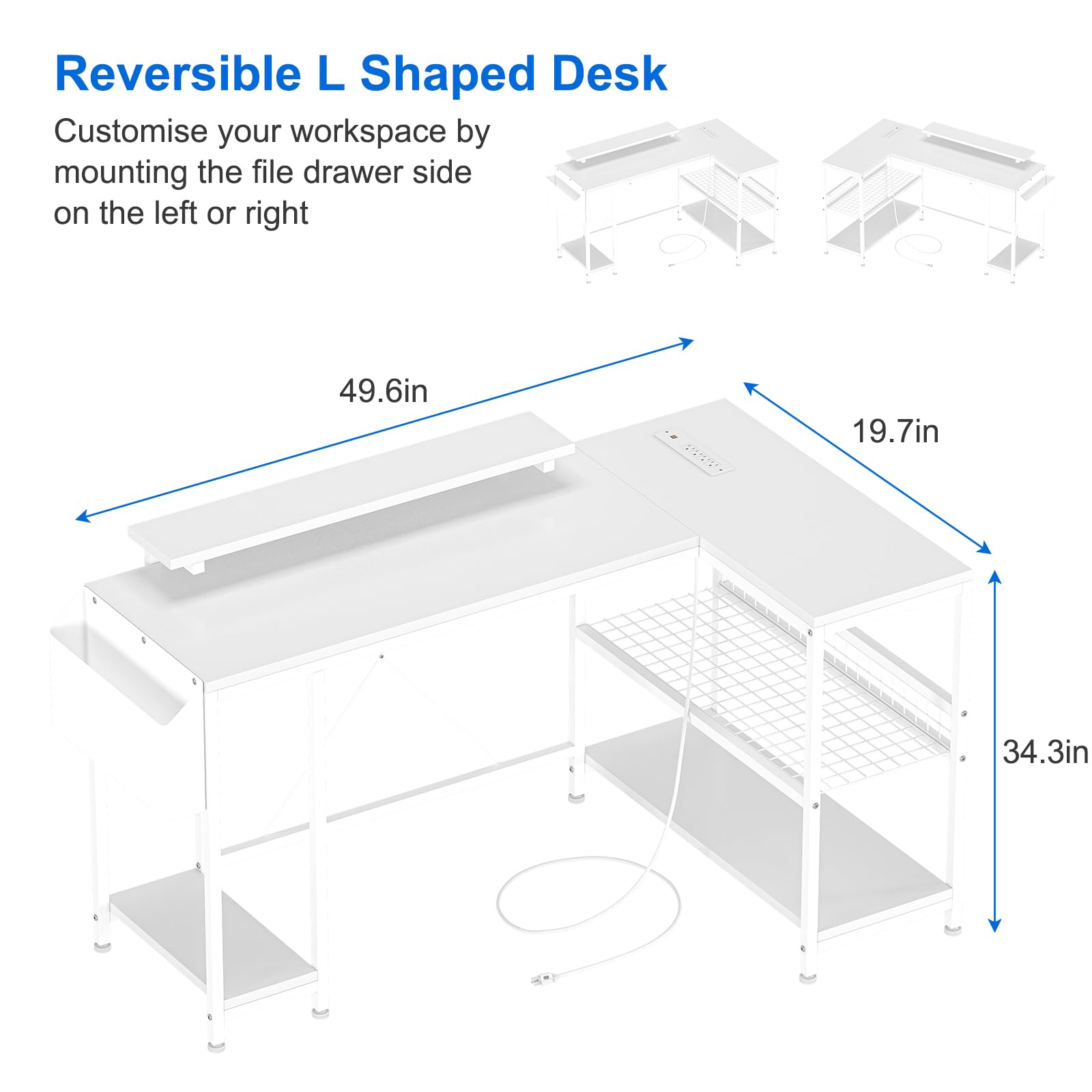 49" L Shaped Desk with Power Outlet & LED Lights, Reversible Corner Computer Desk with Storage Shelves & Monitor Stand, Home Office Desk for Gaming Writing Study (Pink) - DSP Warehouse