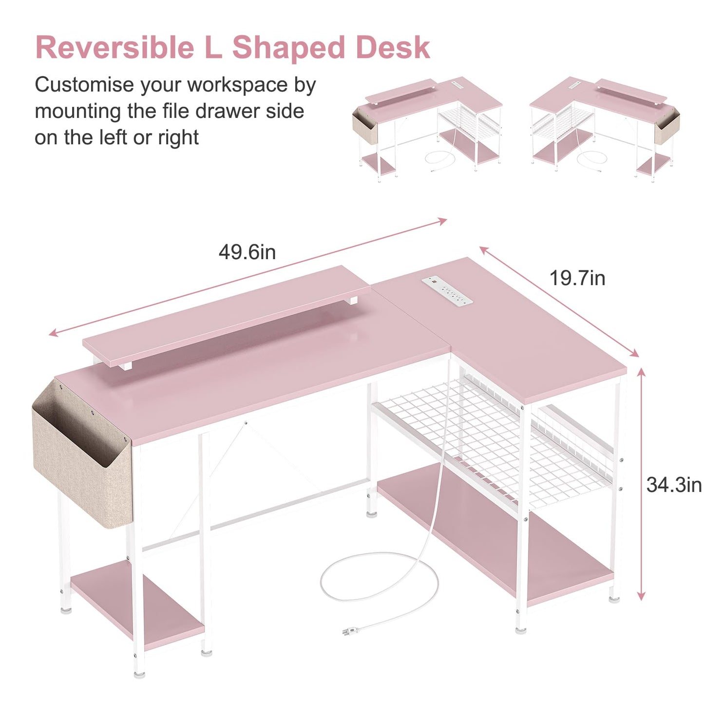 49" L Shaped Desk with Power Outlet & LED Lights, Reversible Corner Computer Desk with Storage Shelves & Monitor Stand, Home Office Desk for Gaming Writing Study (Pink) - DSP Warehouse