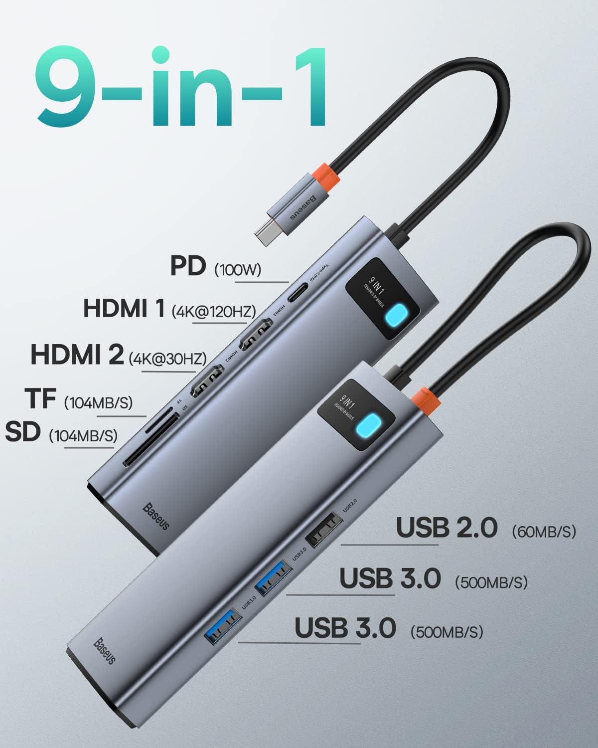 Baseus Laptop Docking Station Dual Monitor 4K@120Hz, 9 in 1 USB C Hub with 2 HDMI, 1000Mbps LAN, Max 85W PD, 3 USB, SD Card Reader, USB C Dock Compatible with iPhone 15/Mac/Dell/HP/Surface/Steam Deck