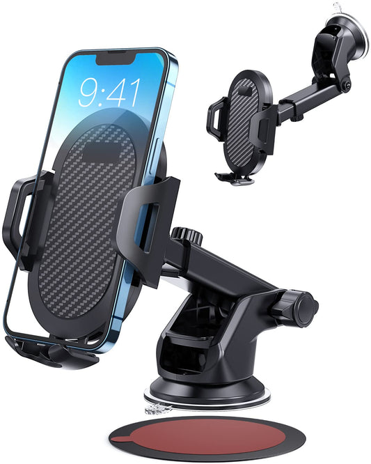 Car Phone Holder Mount, [Strong Suction Cup] [Military Grade Durable] for Windshield and Dashboard, Adjustable Long Arm Compatible with iPhone 15 14 Pro Max and All Smartphones, Black - DSP Warehouse