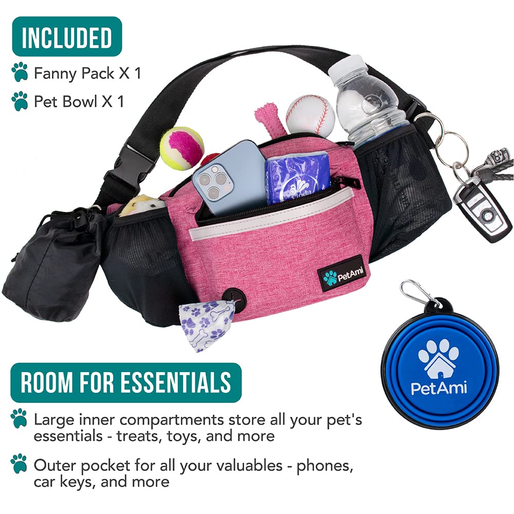 PetAmi Dog Fanny Pack, Treat Pouch for Dog Walking, Training, Built in Poop Bag Dispenser, Water Bottle Holder, Collapsible Bowl, Pet Treat Waist Belt for Hiking, Running, Kibbles (Pink) - DSP Warehouse