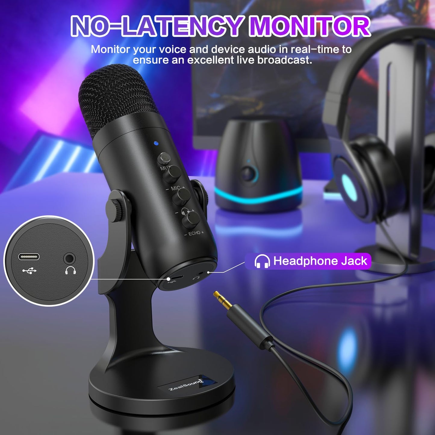 ZealSound USB Microphone,Condenser Computer PC Mic,Plug&Play Gaming Microphones for PS 4&5.Headphone Output&Volume Control,Mic Gain Control,Mute Button Vocal,YouTube Podcast on Mac&Windows(Black) - DSP Warehouse