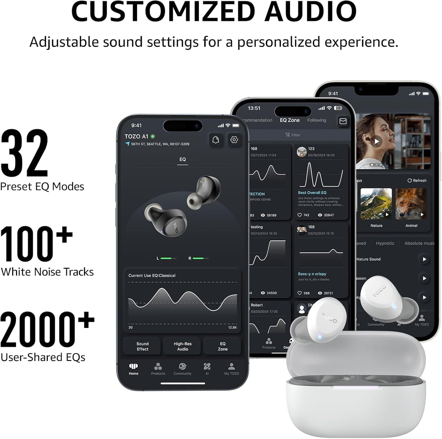 TOZO A1 Mini Wireless Earbuds Bluetooth 5.3 in Ear Light-Weight Headphones Built-in Mic Calls, IPX5 Waterproof, Immersive Premium Sound Connection Headset with Charging Case, 32 Preset EQs via APP