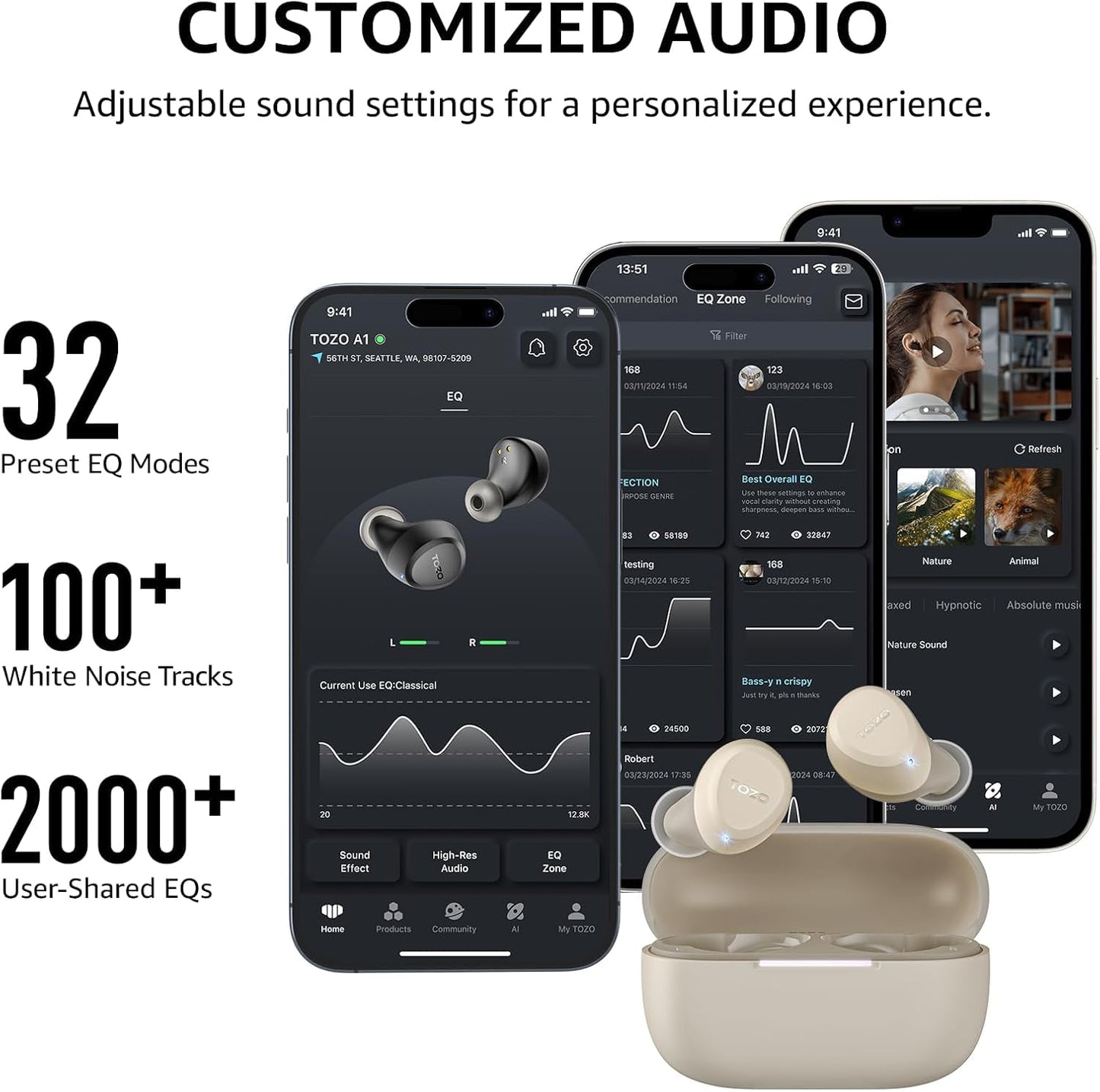 TOZO A1 Mini Wireless Earbuds Bluetooth 5.3 in Ear Light-Weight Headphones Built-in Mic Calls, IPX5 Waterproof, Immersive Premium Sound Connection Headset with Charging Case, 32 Preset EQs via APP