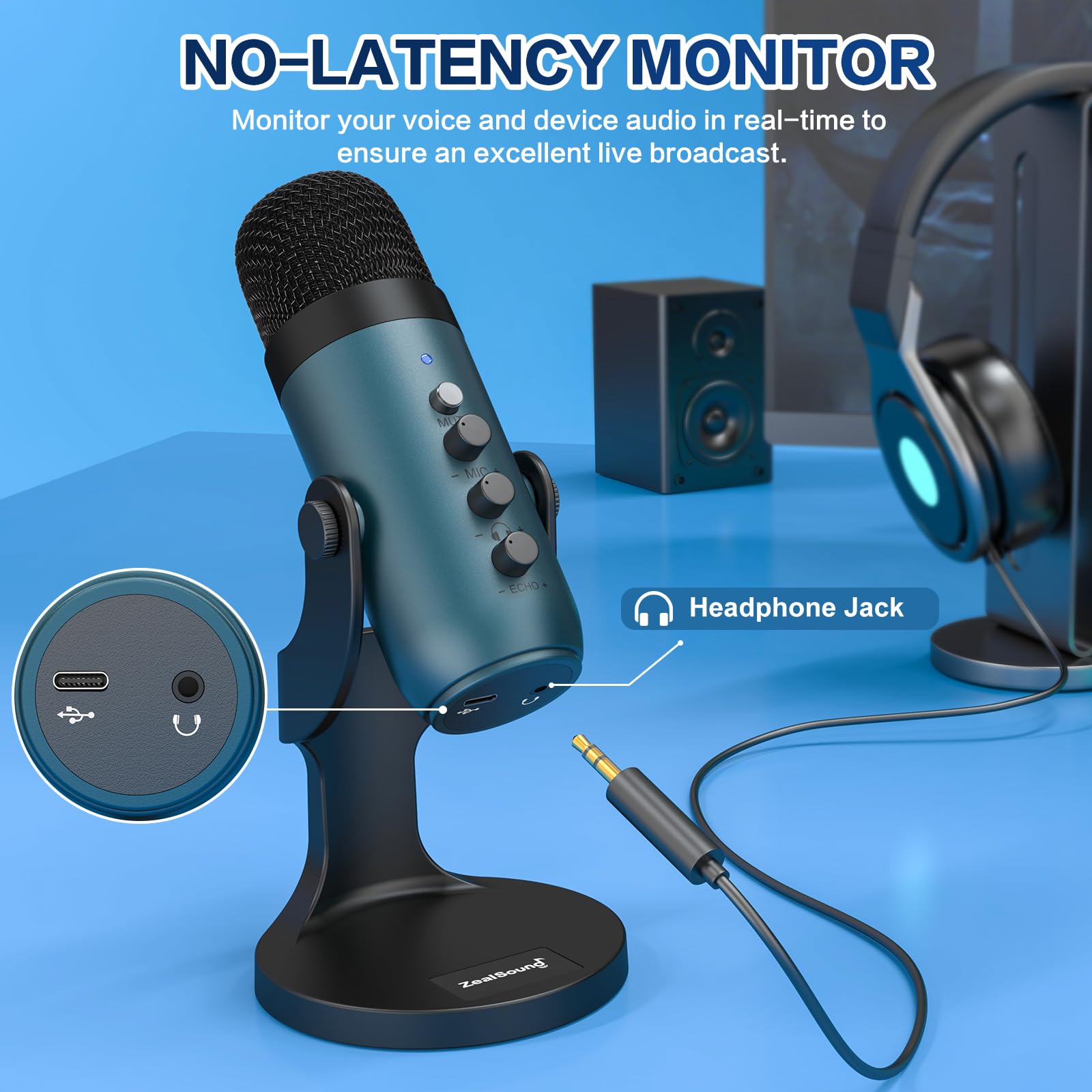 ZealSound USB Microphone,Condenser Computer PC Mic,Plug&Play Gaming Microphones for PS 4&5.Headphone Output&Volume Control,Mic Gain Control,Mute Button Vocal,YouTube Podcast on Mac&Windows(Black) - DSP Warehouse