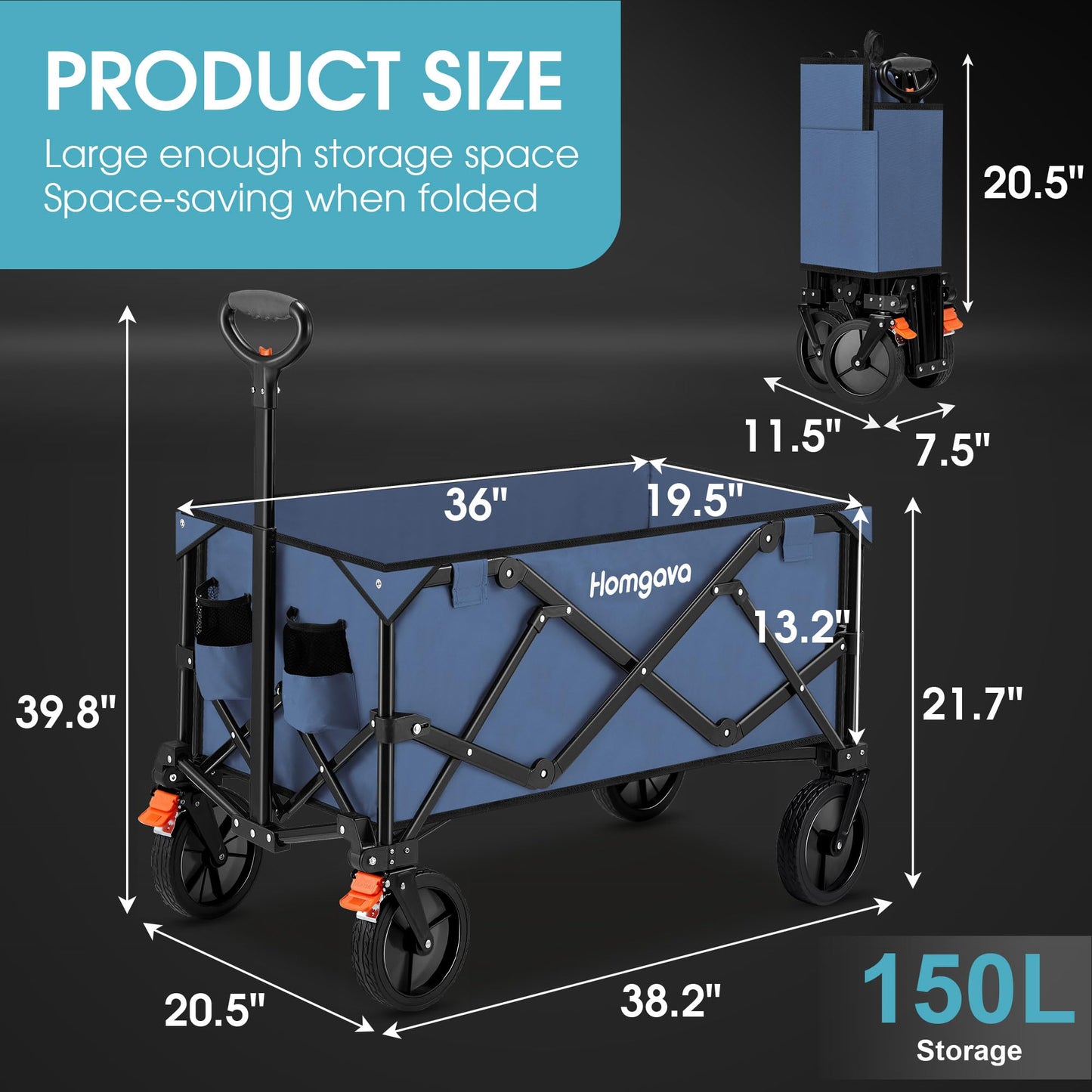 Collapsible Folding Wagon Cart,Heavy Duty Garden Cart with All Terrain Wheels,Portable Large Capacity Utility Wagon Cart for Camping Fishing Sports Shopping, Black