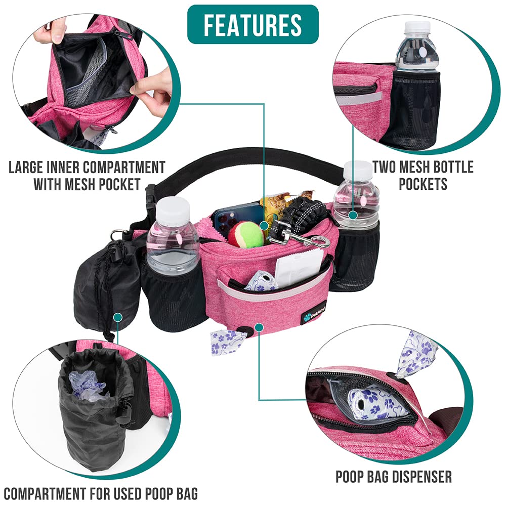 PetAmi Dog Fanny Pack, Treat Pouch for Dog Walking, Training, Built in Poop Bag Dispenser, Water Bottle Holder, Collapsible Bowl, Pet Treat Waist Belt for Hiking, Running, Kibbles (Pink) - DSP Warehouse