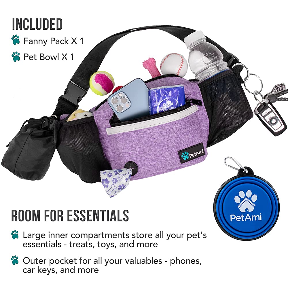 PetAmi Dog Fanny Pack, Treat Pouch for Dog Walking, Training, Built in Poop Bag Dispenser, Water Bottle Holder, Collapsible Bowl, Pet Treat Waist Belt for Hiking, Running, Kibbles (Pink) - DSP Warehouse