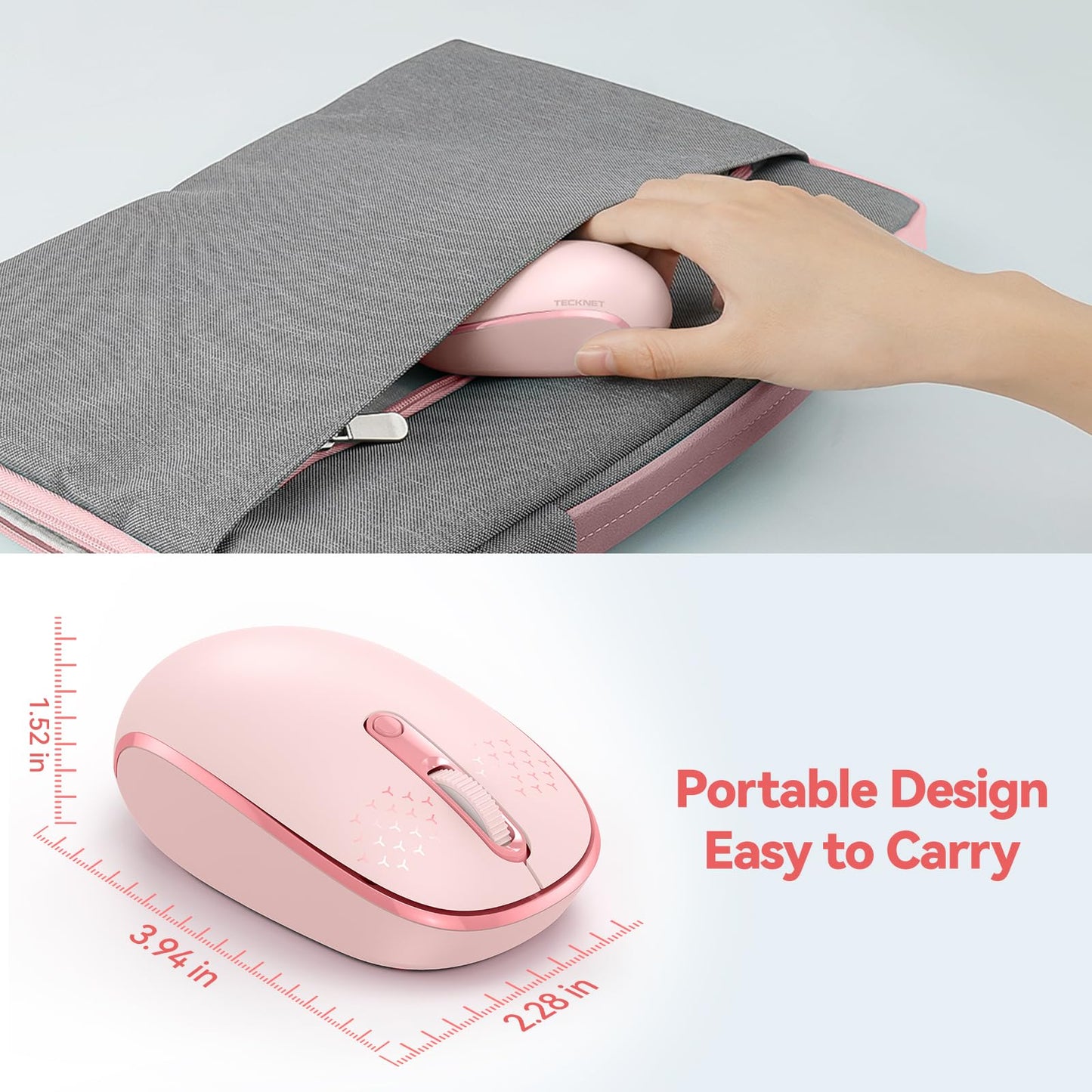 TECKNET Wireless Mouse, 2.4G Quiet Computer Mouse with USB Receiver, 4 Buttons Portable Cordless Mice for Chromebook, Laptop, PC, Mac, 800/1200/1600 DPI - Pink - DSP Warehouse