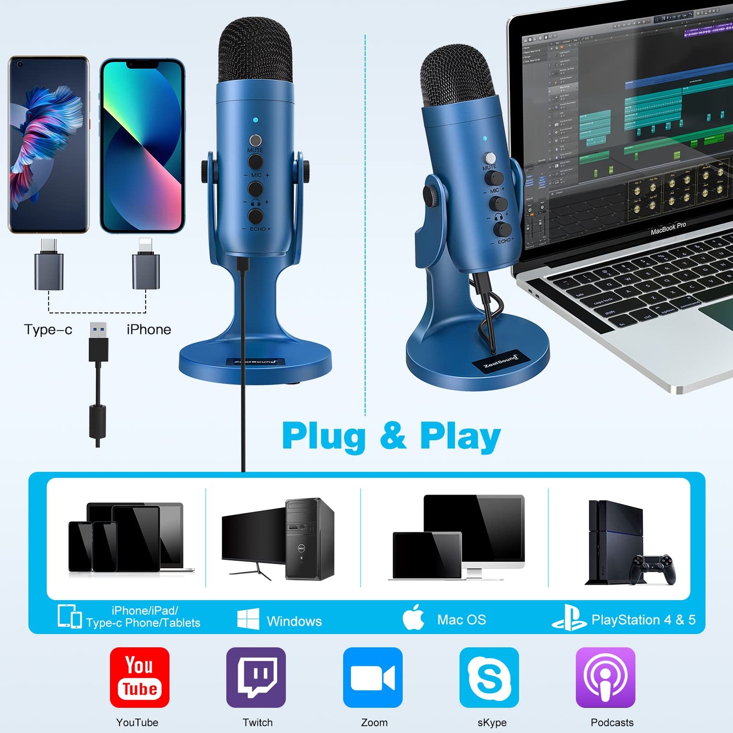 ZealSound USB Microphone,Condenser Computer PC Mic,Plug&Play Gaming Microphones for PS 4&5.Headphone Output&Volume Control,Mic Gain Control,Mute Button Vocal,YouTube Podcast on Mac&Windows(Black) - DSP Warehouse