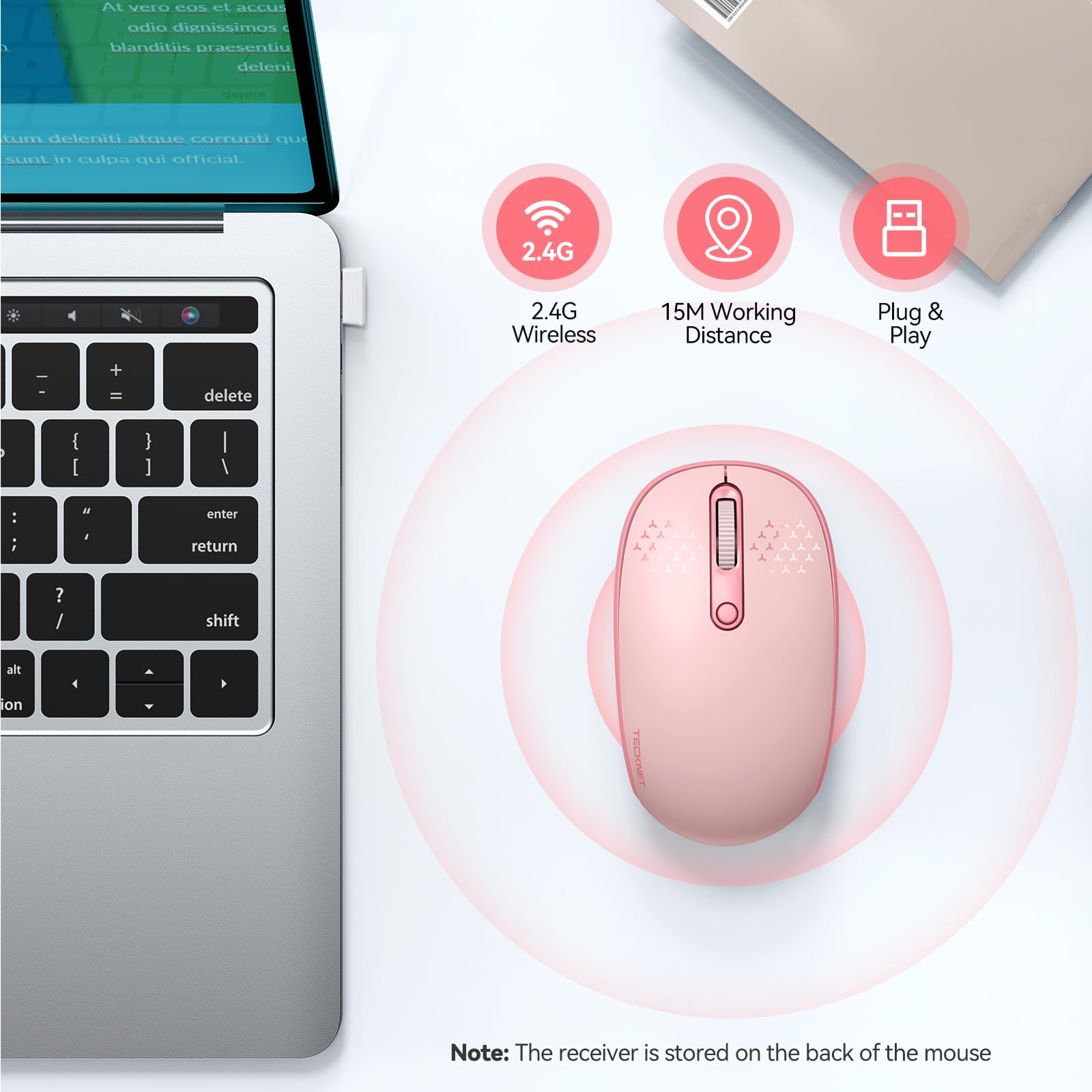 TECKNET Wireless Mouse, 2.4G Quiet Computer Mouse with USB Receiver, 4 Buttons Portable Cordless Mice for Chromebook, Laptop, PC, Mac, 800/1200/1600 DPI - Pink - DSP Warehouse