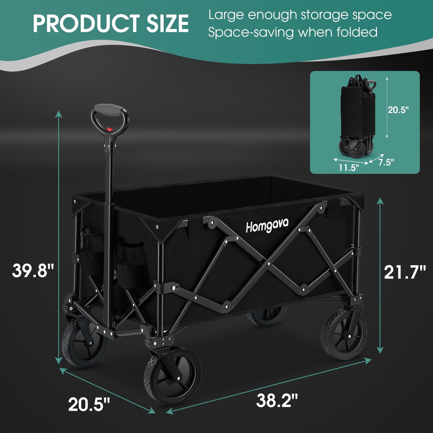 Collapsible Folding Wagon Cart,Heavy Duty Garden Cart with All Terrain Wheels,Portable Large Capacity Utility Wagon Cart for Camping Fishing Sports Shopping, Black