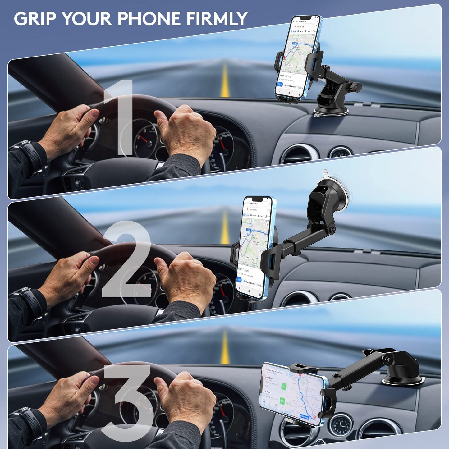 Car Phone Holder Mount, [Strong Suction Cup] [Military Grade Durable] for Windshield and Dashboard, Adjustable Long Arm Compatible with iPhone 15 14 Pro Max and All Smartphones, Black - DSP Warehouse