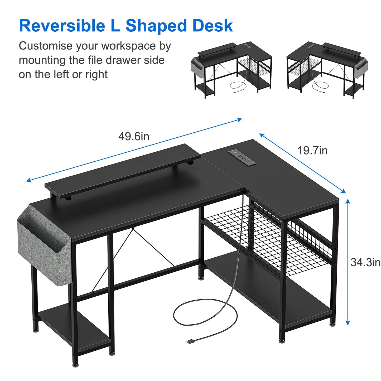 49" L Shaped Desk with Power Outlet & LED Lights, Reversible Corner Computer Desk with Storage Shelves & Monitor Stand, Home Office Desk for Gaming Writing Study (Pink) - DSP Warehouse