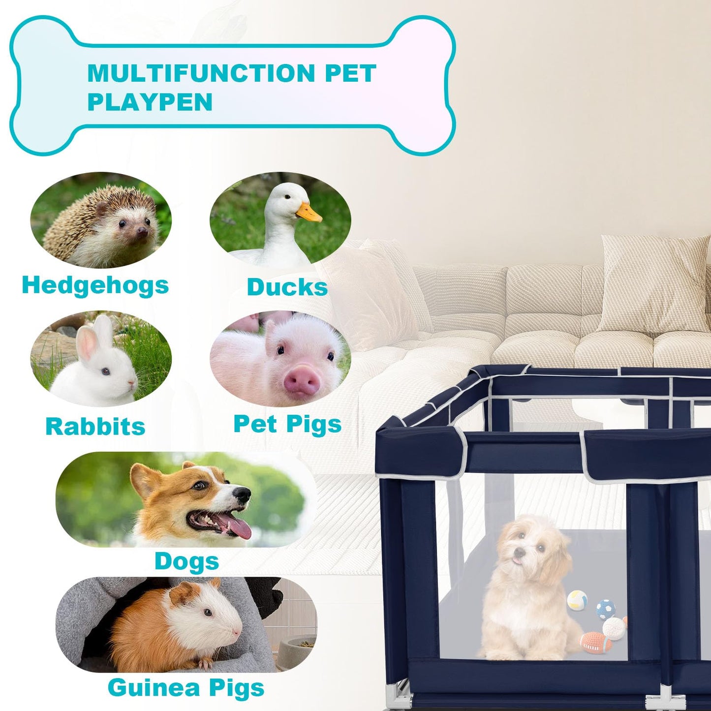 Dog Playpen 42 × 42 inch, Puppy Playpen with Removable Roof, 25 Height Pet Playpen for Small Dogs and Small Animals, Dog Fence Indoor & Outdoor, Dog Play Yard with Zipper Door