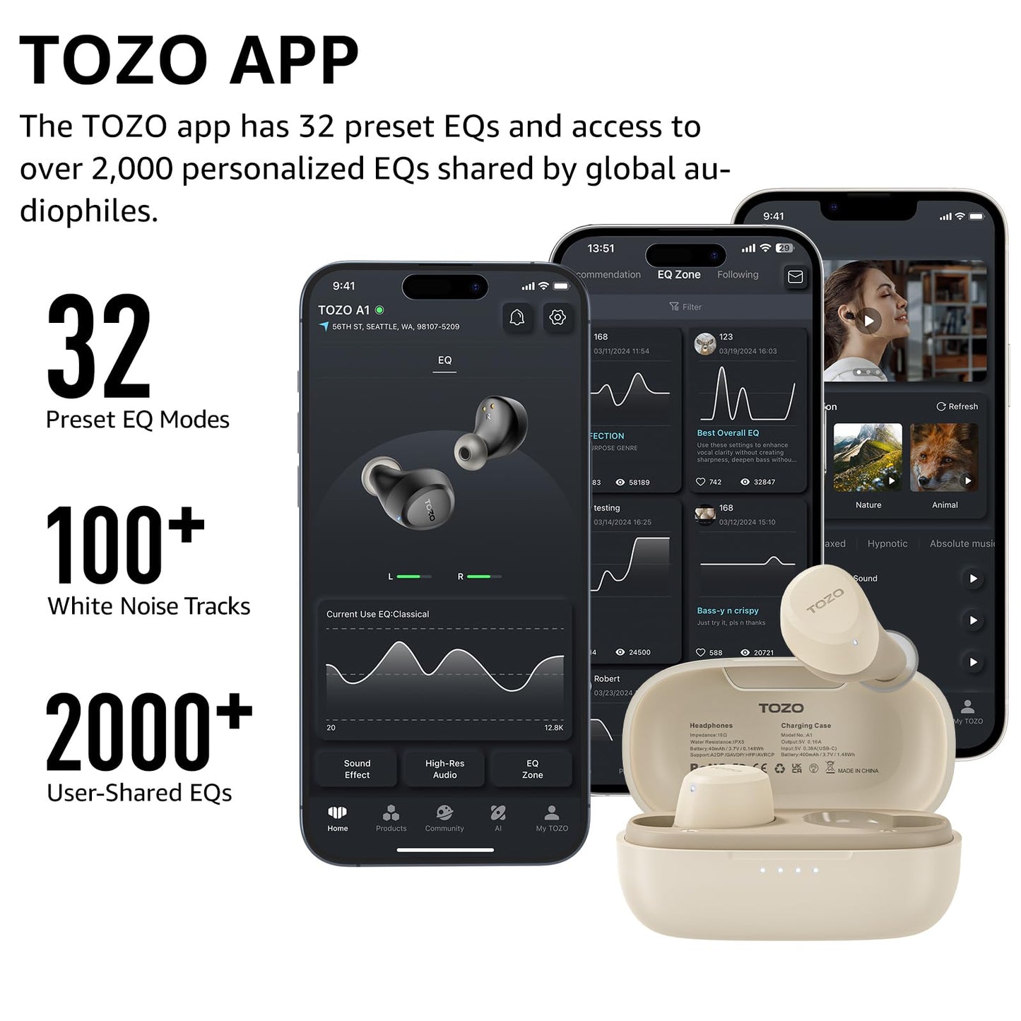 TOZO A1 Mini Wireless Earbuds Bluetooth 5.3 in Ear Light-Weight Headphones Built-in Mic Calls, IPX5 Waterproof, Immersive Premium Sound Connection Headset with Charging Case, 32 Preset EQs via APP