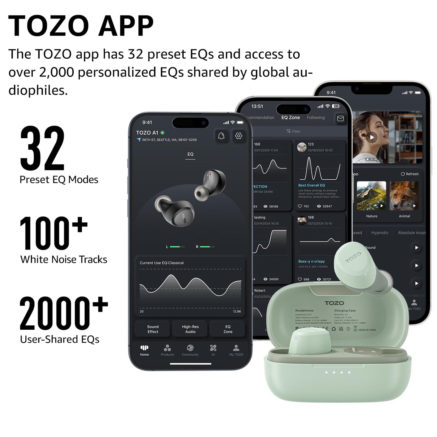 TOZO A1 Mini Wireless Earbuds Bluetooth 5.3 in Ear Light-Weight Headphones Built-in Mic Calls, IPX5 Waterproof, Immersive Premium Sound Connection Headset with Charging Case, 32 Preset EQs via APP