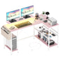 49" L Shaped Desk with Power Outlet & LED Lights, Reversible Corner Computer Desk with Storage Shelves & Monitor Stand, Home Office Desk for Gaming Writing Study (Pink) - DSP Warehouse