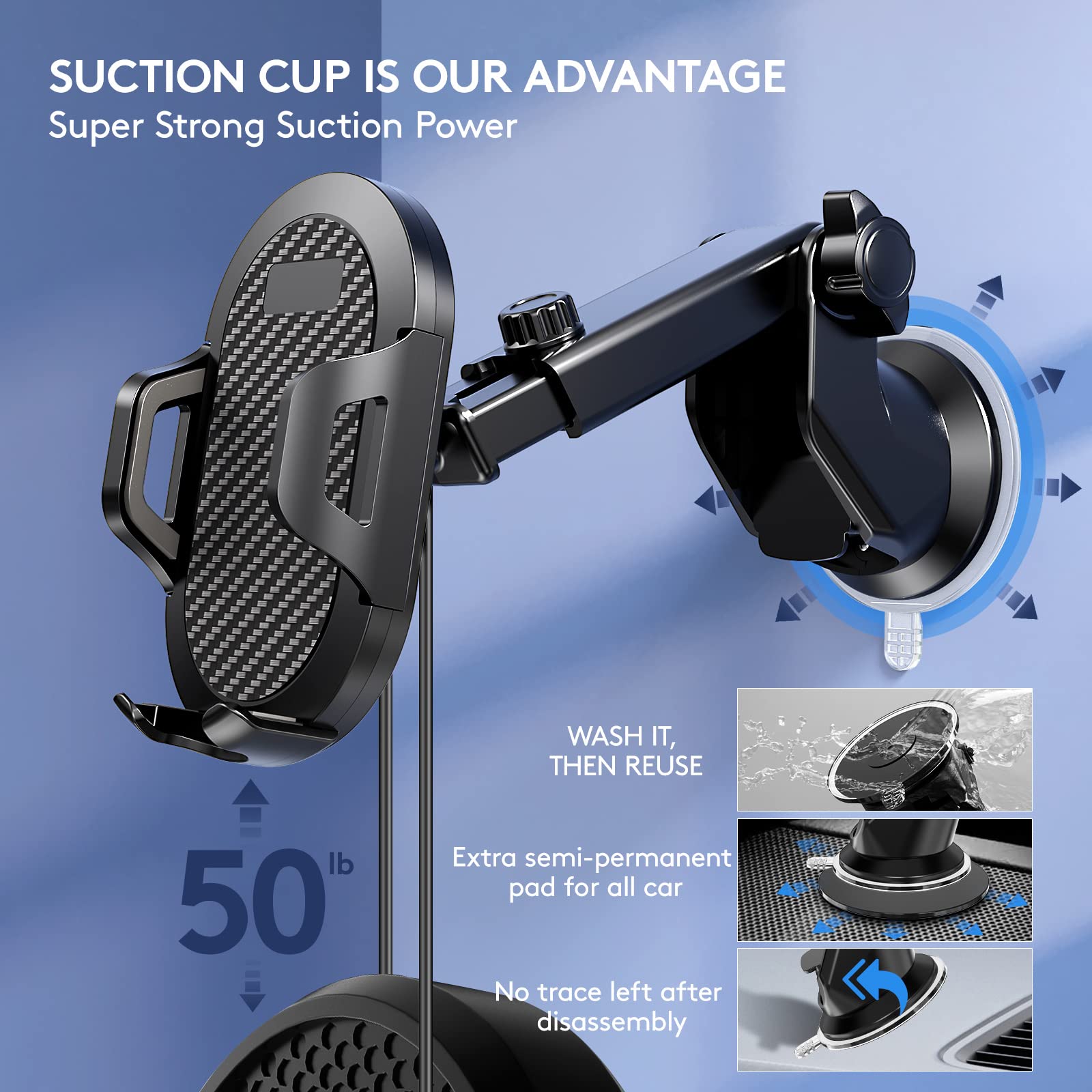 Car Phone Holder Mount, [Strong Suction Cup] [Military Grade Durable] for Windshield and Dashboard, Adjustable Long Arm Compatible with iPhone 15 14 Pro Max and All Smartphones, Black - DSP Warehouse