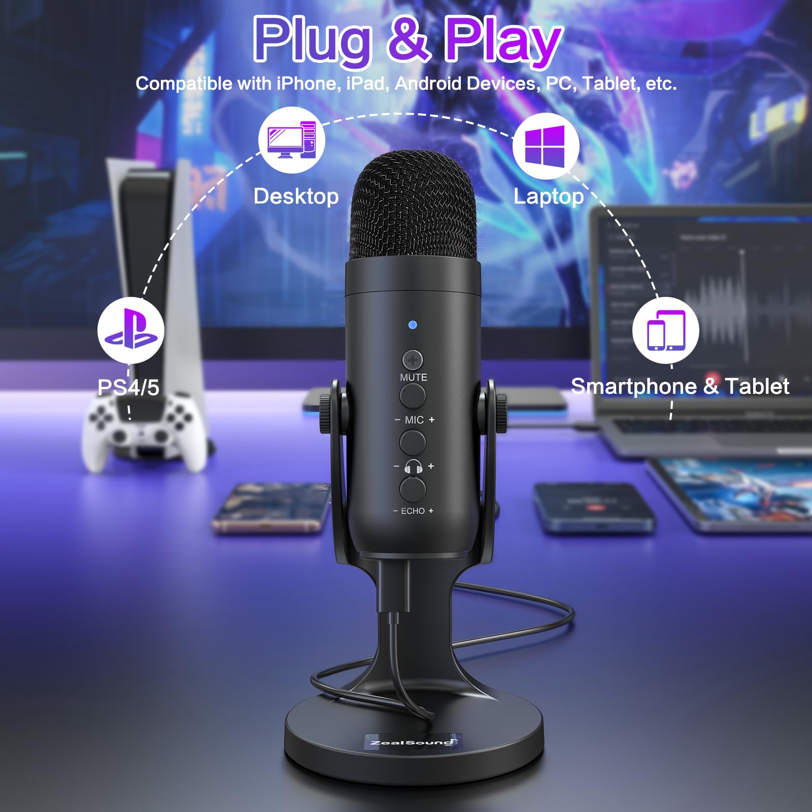 ZealSound USB Microphone,Condenser Computer PC Mic,Plug&Play Gaming Microphones for PS 4&5.Headphone Output&Volume Control,Mic Gain Control,Mute Button Vocal,YouTube Podcast on Mac&Windows(Black) - DSP Warehouse