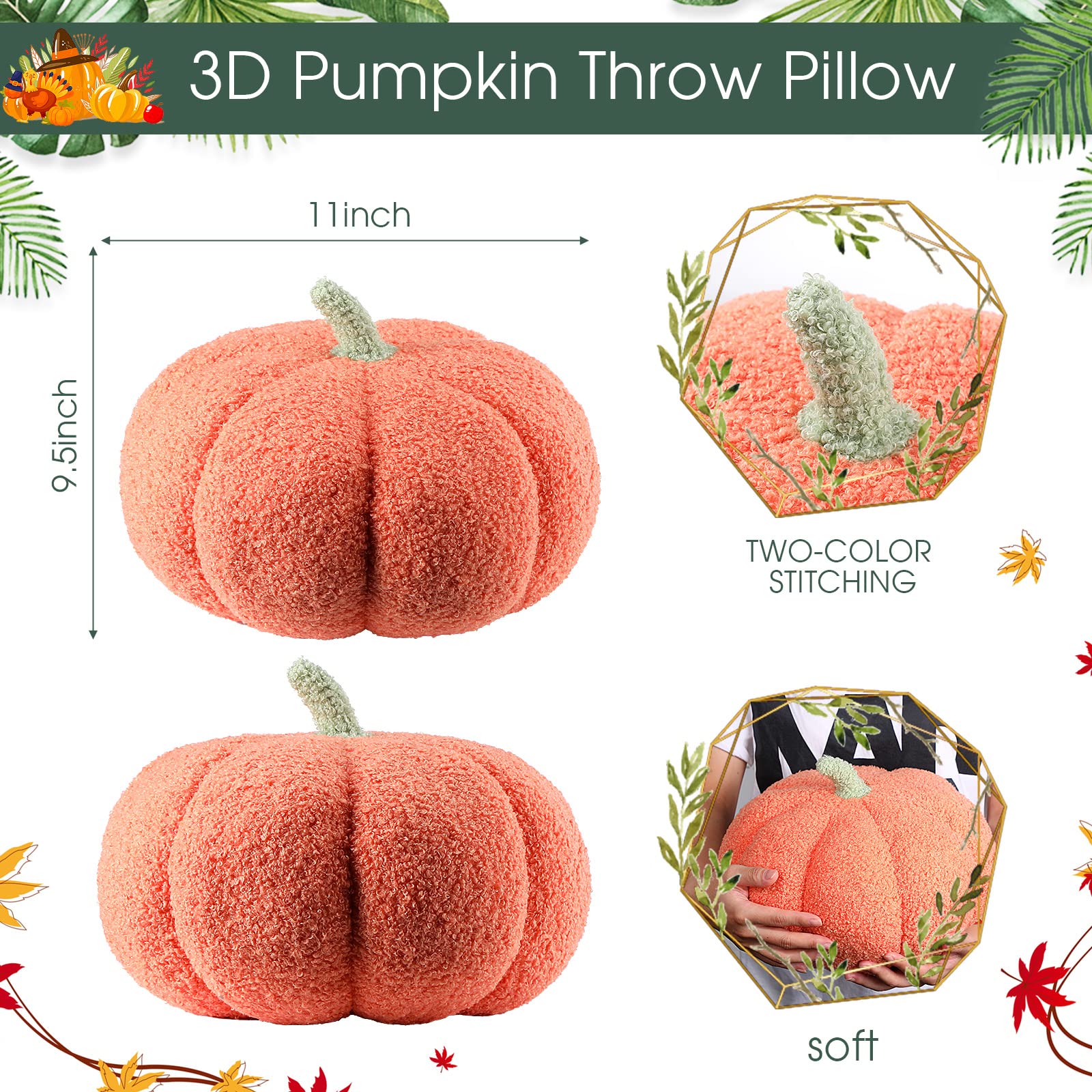 Queekay 2 Pcs Pumpkin Throw Pillow Fall Thanksgiving Pumpkin Pillow 11 x 9.5 Inch 3D Halloween Pumpkin Pillow Sofa Throw Pillow Cushion Home Decoration for Car Bedroom Couch(Pink) - DSP Warehouse