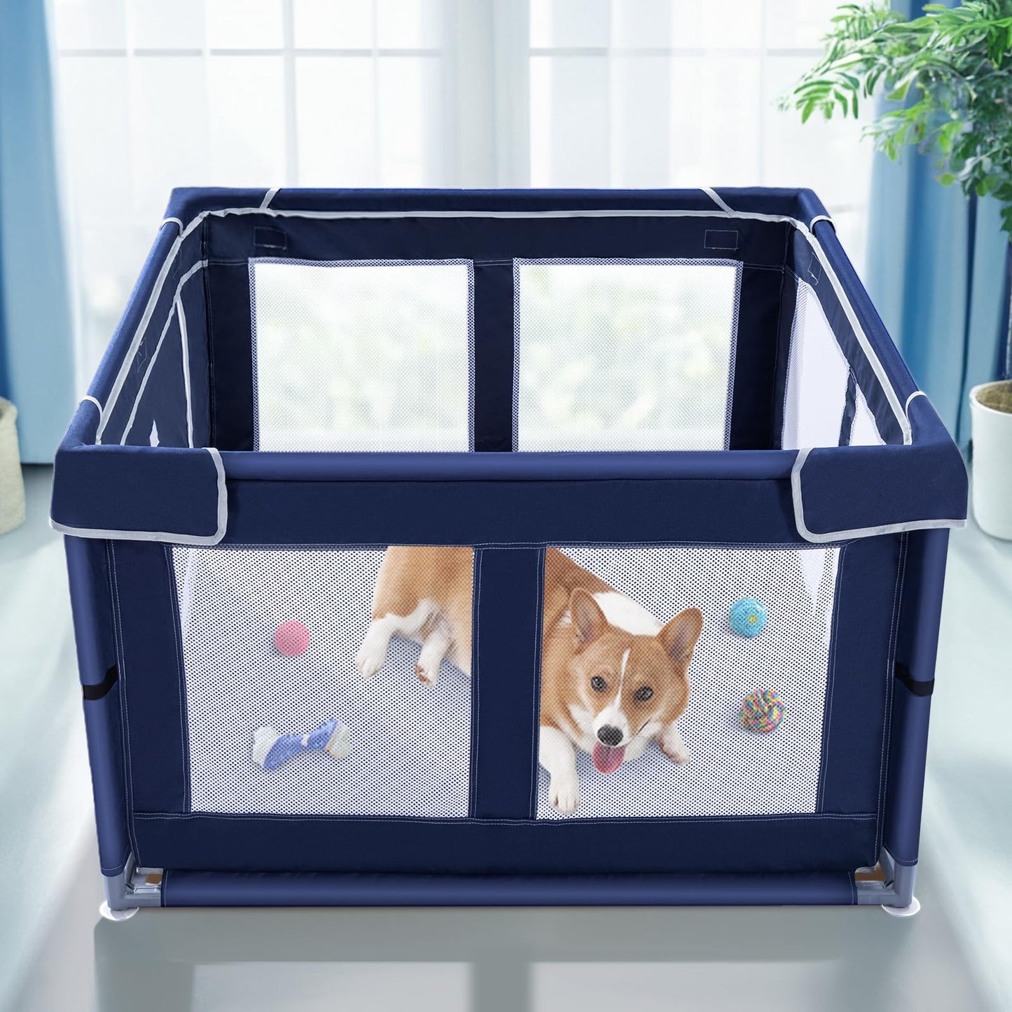 Dog Playpen 42 × 42 inch, Puppy Playpen with Removable Roof, 25 Height Pet Playpen for Small Dogs and Small Animals, Dog Fence Indoor & Outdoor, Dog Play Yard with Zipper Door