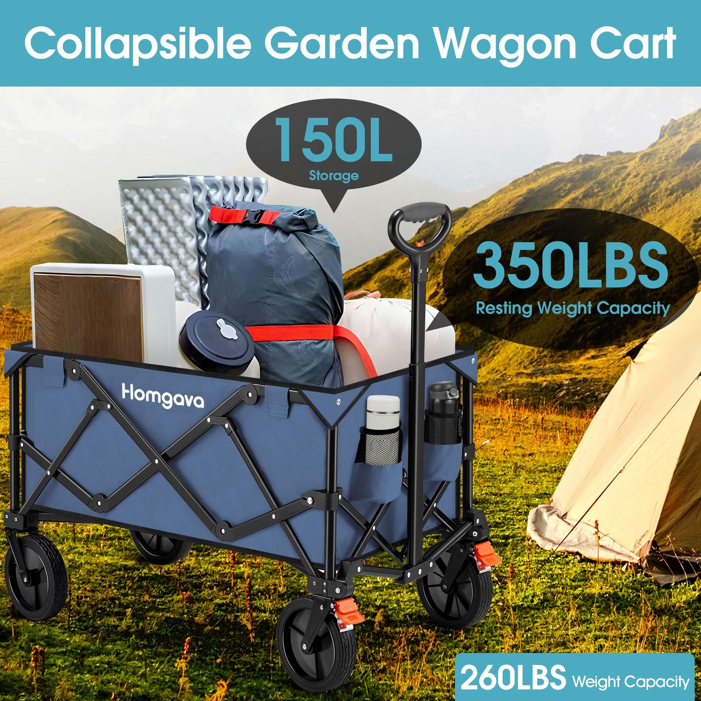 Collapsible Folding Wagon Cart,Heavy Duty Garden Cart with All Terrain Wheels,Portable Large Capacity Utility Wagon Cart for Camping Fishing Sports Shopping, Black