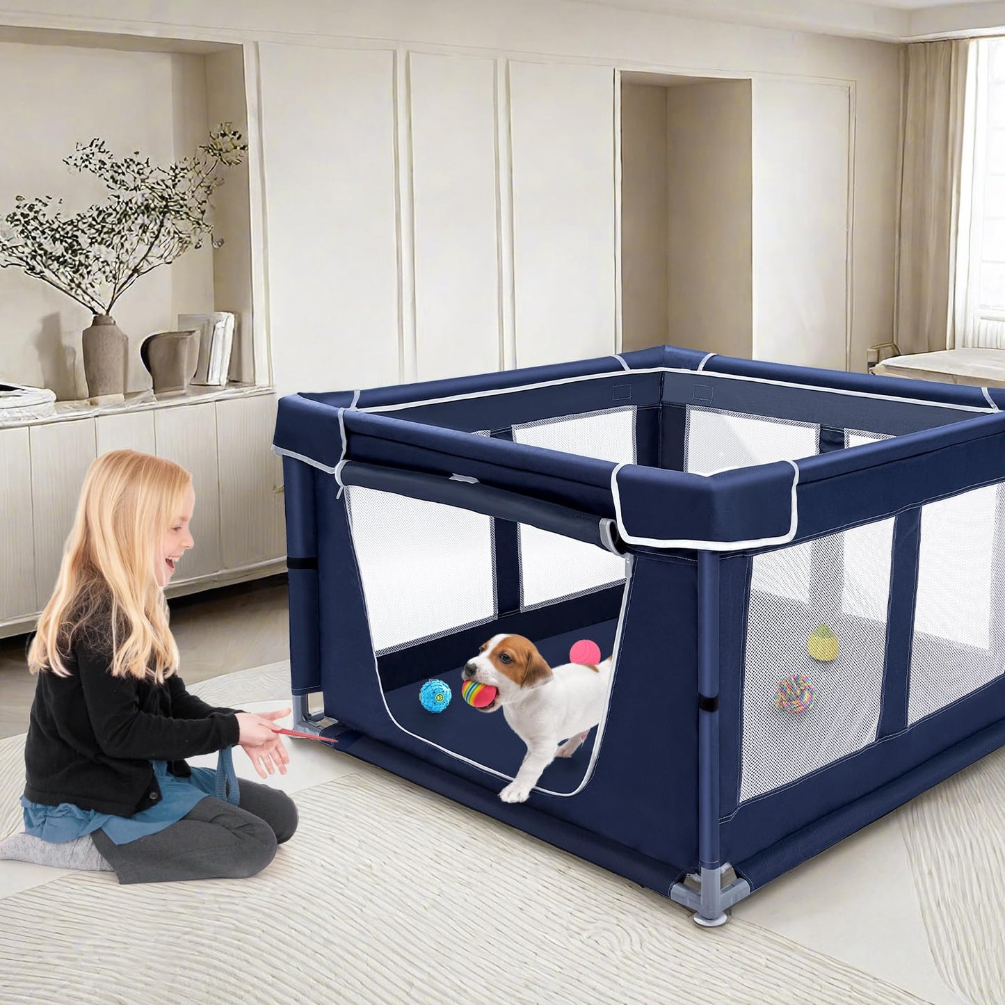 Dog Playpen 42 × 42 inch, Puppy Playpen with Removable Roof, 25 Height Pet Playpen for Small Dogs and Small Animals, Dog Fence Indoor & Outdoor, Dog Play Yard with Zipper Door