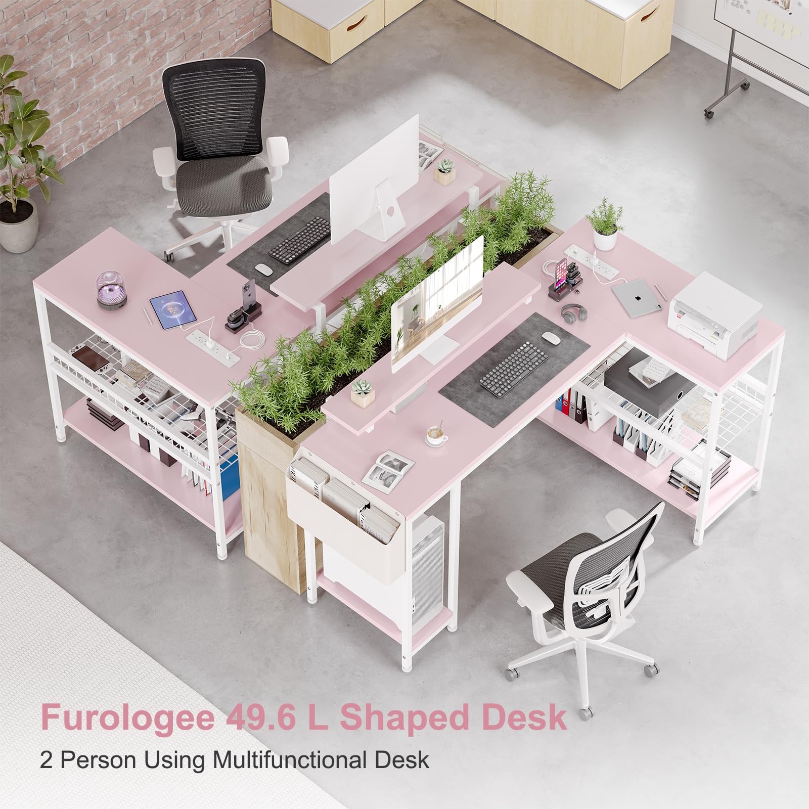 49" L Shaped Desk with Power Outlet & LED Lights, Reversible Corner Computer Desk with Storage Shelves & Monitor Stand, Home Office Desk for Gaming Writing Study (Pink) - DSP Warehouse