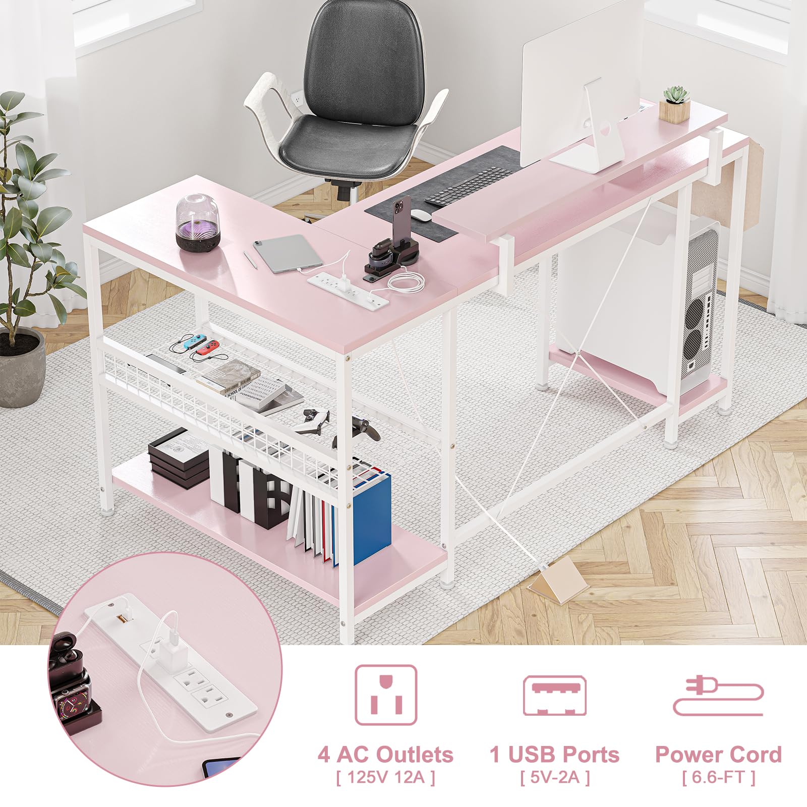 49" L Shaped Desk with Power Outlet & LED Lights, Reversible Corner Computer Desk with Storage Shelves & Monitor Stand, Home Office Desk for Gaming Writing Study (Pink) - DSP Warehouse