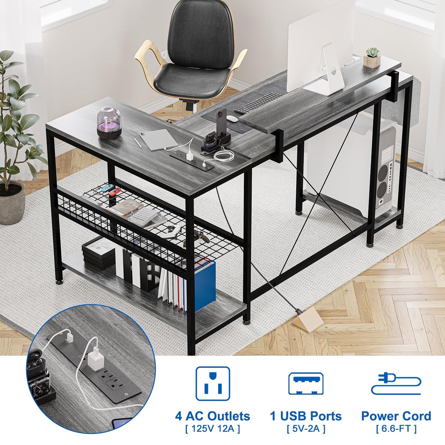 49" L Shaped Desk with Power Outlet & LED Lights, Reversible Corner Computer Desk with Storage Shelves & Monitor Stand, Home Office Desk for Gaming Writing Study (Pink) - DSP Warehouse