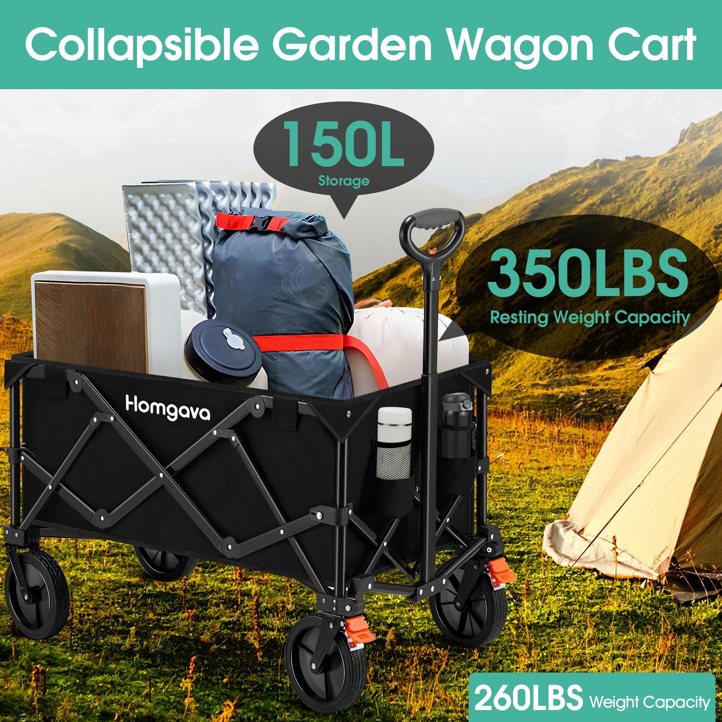 Collapsible Folding Wagon Cart,Heavy Duty Garden Cart with All Terrain Wheels,Portable Large Capacity Utility Wagon Cart for Camping Fishing Sports Shopping, Black