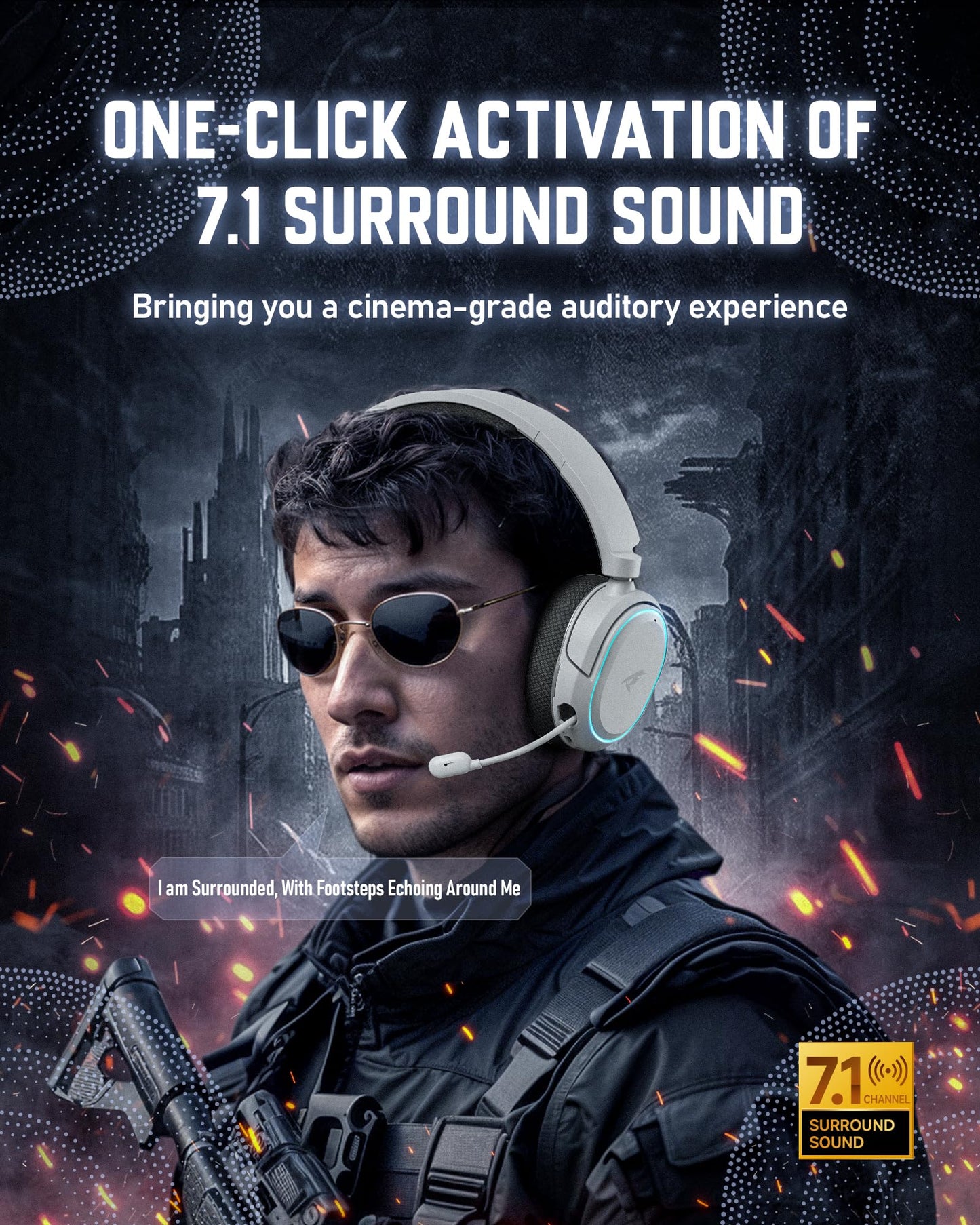 Wireless Gaming Headset, 7.1 Surround Sound, 2.4Ghz USB Gaming Headphones with Bluetooth 5.4, 100H Battery, ENC Noise Canceling Mic, 3.5mm Wired, RGB Light, Wireless Headset for PC PS5 PS4 Mac Switch