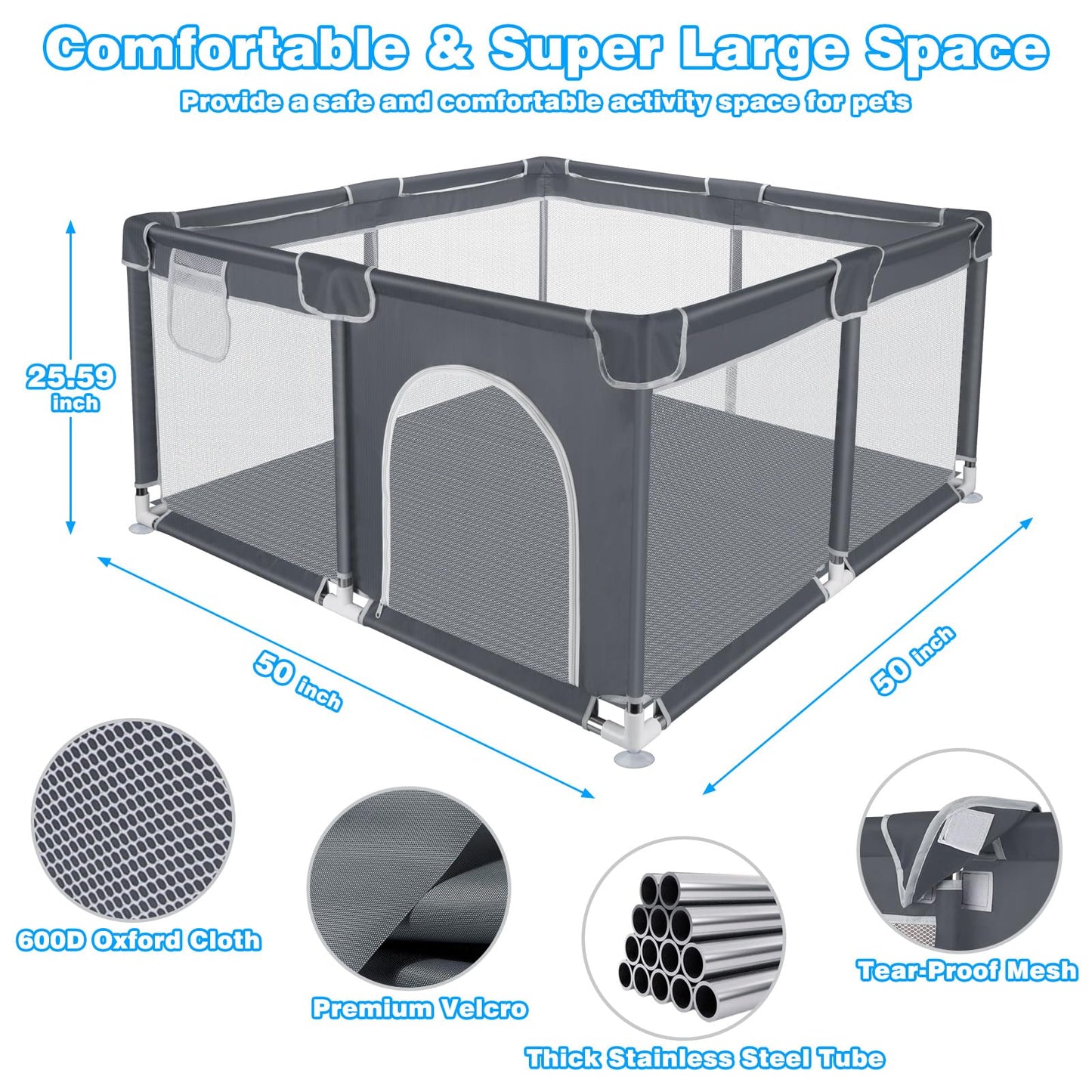 Pet Puppy Dog Playpen, Small Dog Play Pen Indoors/Outdoor, Sturdy Safety Dogs/Cats Tent Crates Cage with Thickened Fabric, Exercise Play Pet Kennel, High-Strength Nylon Wire Mesh, 50x50x25.59”