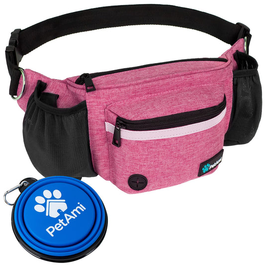 PetAmi Dog Fanny Pack, Treat Pouch for Dog Walking, Training, Built in Poop Bag Dispenser, Water Bottle Holder, Collapsible Bowl, Pet Treat Waist Belt for Hiking, Running, Kibbles (Pink) - DSP Warehouse