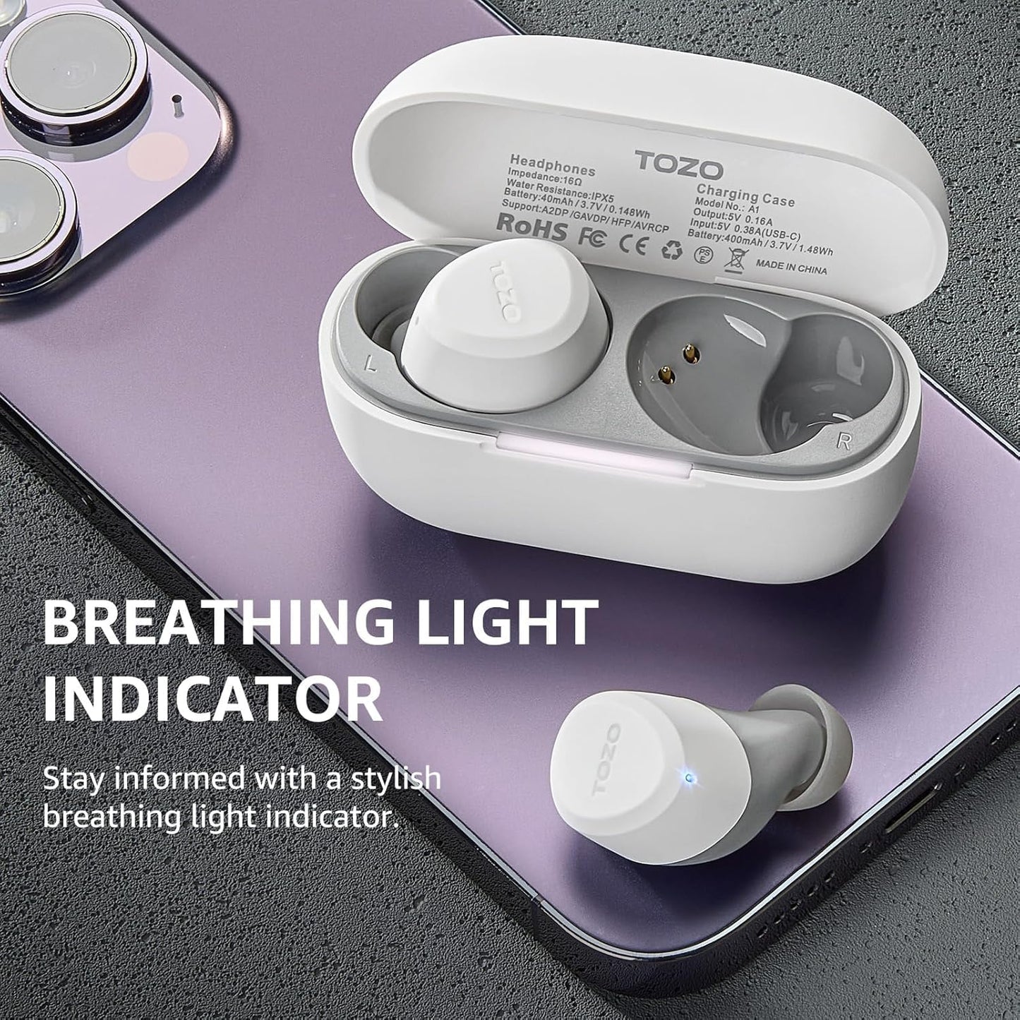 TOZO A1 Mini Wireless Earbuds Bluetooth 5.3 in Ear Light-Weight Headphones Built-in Mic Calls, IPX5 Waterproof, Immersive Premium Sound Connection Headset with Charging Case, 32 Preset EQs via APP