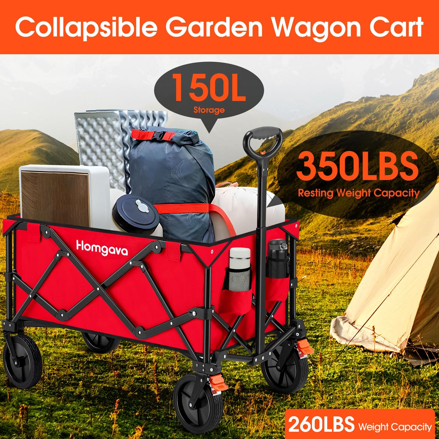 Collapsible Folding Wagon Cart,Heavy Duty Garden Cart with All Terrain Wheels,Portable Large Capacity Utility Wagon Cart for Camping Fishing Sports Shopping, Black